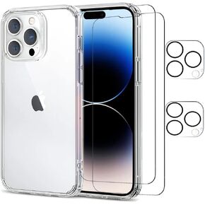 5 in 1 Case for iPhone 14 Pro, with 2 Screen Protector and 2 Camera Lens Protector, Non-Yellowing,Shockproof,Anti-Fingerprint,Full Coverage Tempered Glass Film (Clear)