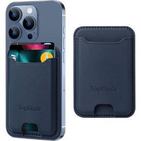TopMade Premium Leather Phone Wallet Stick on, Stronger 3M Adhesive Credit Card Holder for Back of Phone Case, iPhone, Samsung, and Android, RFID Blocking, Fit 4 Cards, Dark Blue