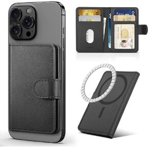 SHIELDON Genuine Leather Magnetic Card Wallet Holder, Minimalist Adhesive RFID Blocking 6 Card Slots ID Window for Men Women Compatible with iPhone 16/15/14/13/12 Series & Magnetic Case - Retro Brown