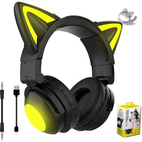 Bluetooth Cat Ear Over-Ear Headphones for Traveling, Lovely Black Foldable Child Headphones, LED Wireless Headset, Wired Headphones Compatible with Phone/PC/Tablet/TV/Xbox/Switch (Black)