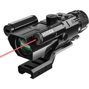 4X32 Tactical Rifle Scope with Red Laser Sight Red Illuminated Reticle Prism Optics Scope with 7 Brightness Levels Upgraded Buttons and Glass Etched Reticle Hunting Scope for 20 mm Rail Mount