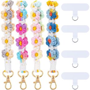 Jspupifip 4 PCS Boho Macrame Phone Wrist Strap, Cute Cell Phone Lanyard with Tether Tab Floral Smartphone Wristlet Bracelet Keychain Anti Theft Strap for Women Girls(Mixed Color)