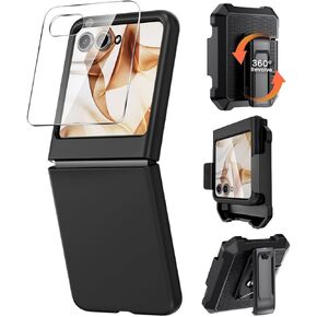 Caka for Motorola Razr 2024 Case with Clip, Moto Razr 2024 Case with Screen Protector [Not fit Razr Plus 2024], Slim Thin Flip Phone Cover and Belt Hip Holster Combo Accessories for Razr 50 - Black