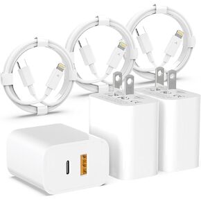 iPhone Fast Charger [MFi Certified], 3 Pack 20W Dual Port QC + PD 3.0 Power USB C Wall Charger Adapter with 6FT Lightning Cable Compatible with iPhone 14/13/12/Pro/Pro Max/XS/X/SE and More