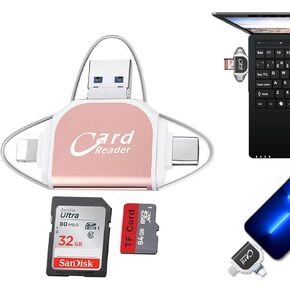 Multi-Port 4 in1 Universal SD TF Card Reader, 4 in 1 Portable Memory Card Reader, USB C Hub Multiport Adapter, Adapter Compatible for iPhone, MacBook Pro More USB C Devices, No App Require (Pink)