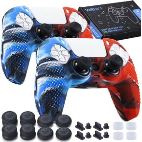 Silicone Skins Cover for PS5 Controller x 2(Camou Red+Blue) with Thumb Grips x 8, Plugs x 8, Anolog Protectors x 4