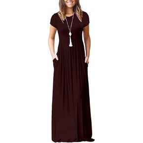 Women's Short Sleeve Loose Plain Long Casual Empire Waist Maxi Dress with Pockets