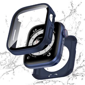 2 in 1 Waterproof Case for Apple Watch Series SE 6 5 4 44mm, Straight Edge PC Front & Back Bumper with Tempered Glass Screen Protector 360 Protective Cover for iWatch (44mm, Silver)