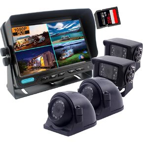 10 inch Screen 1080P Backup Camera System with Wired, DVR Recorder, Quad Split Screen, Car Monitor + 2X Waterproof Reversing Cameras + 2X Safety Sides Camera, for Camper, Trailers, Truck, RV