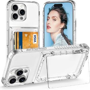 حافظة لهاتف iPhone 16 Pro Max مع مسند، حافظة شفافة لحمل 4 بطاقات للنساء والرجال، غطاء خلفي شفاف مقاوم للأصفر من مادة TPU، غطاء صلب بفتحة لبطاقة الهوية لهاتف iPhone 16 ProMax