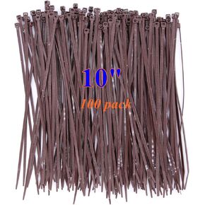 10 inch Dark Brown Cable Zip Ties Pack of 100, Self Locking Plastic Fence Ties, Cable Ties, Small Wood Zip Tie for DIY Ornament Ties, Outdoor Garden Trellis，Halloween Decorations Fasten Wire Ties.