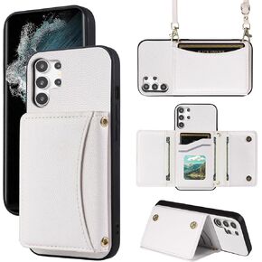 Phone Case for Samsung Galaxy S22 Ultra 5G Wallet Cover with Crossbody Shoulder Strap and Leather Credit Card Holder Pocket Slim Cell Accessories S22ultra 22S S 22 S22ultra5g 6.8 Girls Pink