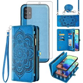 Asuwish Phone Case for Samsung Galaxy A71 5G Zipper Wallet Magnetic Detachable Cell Cover with Tempered Glass Screen Protector Crossbody Strap Flower Card Holder Slot A 71 G5 71A S71 Women Girls Gray