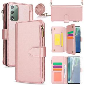 Phone Case for Samsung Galaxy Note 20 5G Wallet Cover with Tempered Glass Screen Protector and Crossbody Wrist Strap Flip RFID Blocking Card Holder Cell Note20 Notes 20s Twenty Not S20 Women Rose Gold