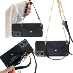 for Moto G Stylus 5G 2024 Wallet Case Crossbody Chain Strap, Moto G Stylus 5G 2024 Phone Case Back Wallet with Card Holder Girly, Credit Card Slots Case with Faux Learher Wrist Strap -Black