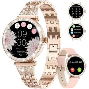 Smart Watch Women for Android iPhone with Bluetooth Phone Calls 1.19" AMOLED Female Smartwatch Sport Fitness Tracker Heart Rate Sleep Monitor Diamond Smart Watch Ladies Rose Gold Steel Smartwatch in Saudi Arabia