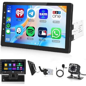 Single Din Car Stereo Touchscreen with CarPlay and Android Auto, Rimoody 9 Inch Detachable Radio with Mirror Link/1080P/EQ Audio/SWC/Bluetooth/FM/TF/USB/AUX +Backup Camera+MIC