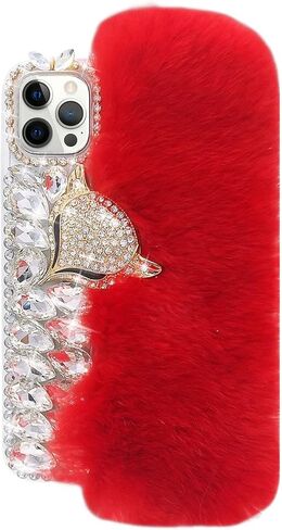 Losin Compatible with iPhone 15 Pro Max Plush Furry Case with Luxury Bling Diamond Rhinestones Cute 3D Fox Head Women Girls Winter Warm Shockproof Protective Cover, Pink in Kuwait