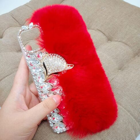 Losin Compatible with iPhone 15 Pro Max Plush Furry Case with Luxury Bling Diamond Rhinestones Cute 3D Fox Head Women Girls Winter Warm Shockproof Protective Cover, Pink in Kuwait