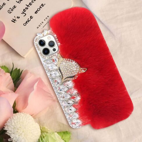 Losin Compatible with iPhone 15 Pro Max Plush Furry Case with Luxury Bling Diamond Rhinestones Cute 3D Fox Head Women Girls Winter Warm Shockproof Protective Cover, Pink in Kuwait