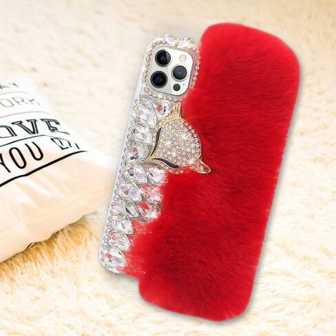 Losin Compatible with iPhone 15 Pro Max Plush Furry Case with Luxury Bling Diamond Rhinestones Cute 3D Fox Head Women Girls Winter Warm Shockproof Protective Cover, Pink in Kuwait