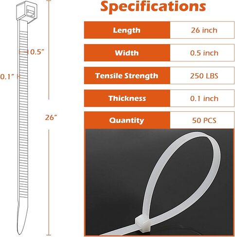 Pasow Zip Ties شديدة التحمل - 250 رطلاً من ربطات الكابلات الكبيرة في الهواء الطلق 26 بوصة 25 حزمة من ربطات عنق النايلون المقاومة للأشعة فوق البنفسجية مع قطع الأسلاك (أسود) in Saudi Arabia