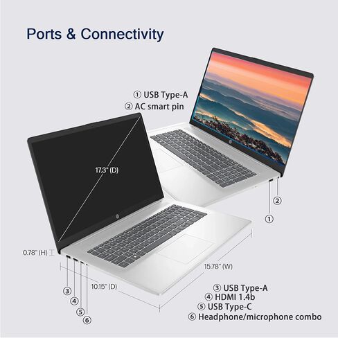 HP 17 Laptop, 17.3" FHD Display, 32GB RAM, 1TB SSD, AMD Ryzen 5 Processor(Beats i7-1165G7, Up to 4.3GHz), Webcam, Numeric Keypad, Long Battery Life, Windows 11 Home, Alpacatec Accessories, Silver in Saudi Arabia