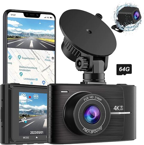 Dash Cam Front and Rear, 4K+1080P FHD Dash Camera for Cars with 64GB SD Card, Built-in WiFi GPS, 3’’ IPS Screen, Night Vision, 170°Wide Angle, G-Sensor, Loop Recording and Parking Monitor in Saudi Arabia
