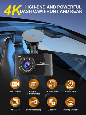 Dash Cam Front and Rear, 4K+1080P FHD Dash Camera for Cars with 64GB SD Card, Built-in WiFi GPS, 3’’ IPS Screen, Night Vision, 170°Wide Angle, G-Sensor, Loop Recording and Parking Monitor in Saudi Arabia