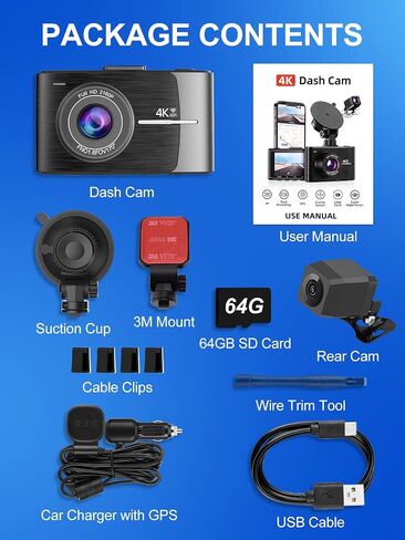 Dash Cam Front and Rear, 4K+1080P FHD Dash Camera for Cars with 64GB SD Card, Built-in WiFi GPS, 3’’ IPS Screen, Night Vision, 170°Wide Angle, G-Sensor, Loop Recording and Parking Monitor in Saudi Arabia