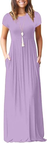 Women's Short Sleeve Loose Plain Long Casual Empire Waist Maxi Dress with Pockets in Kuwait