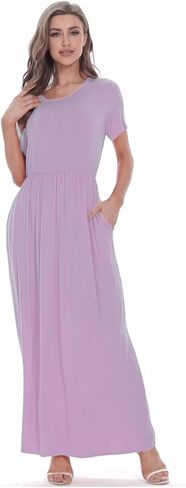 Women's Short Sleeve Loose Plain Long Casual Empire Waist Maxi Dress with Pockets in Kuwait