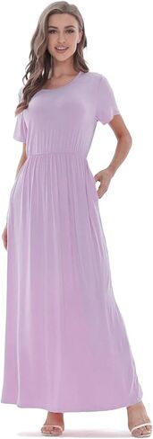 Women's Short Sleeve Loose Plain Long Casual Empire Waist Maxi Dress with Pockets in Kuwait