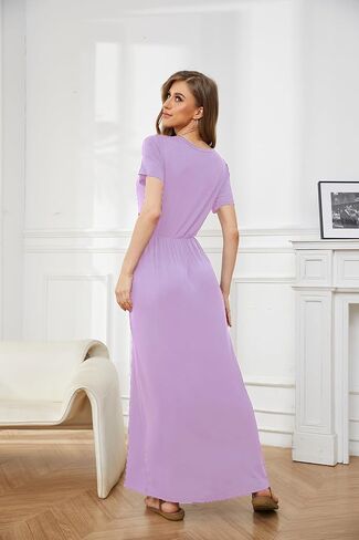 Women's Short Sleeve Loose Plain Long Casual Empire Waist Maxi Dress with Pockets in Kuwait