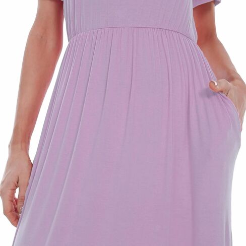 Women's Short Sleeve Loose Plain Long Casual Empire Waist Maxi Dress with Pockets in Kuwait