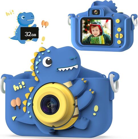 Dinosaur Kids Camera, HD Selfie Toddler Camera, Christmas Birthday Toys for Boys Girls Age 3-12 Years, Kid Digital Camera with 32GB Card, Dinosaur Toys Gifts for Kids 3 4 5 6 7 8 Years Old (Blue) in Kuwait