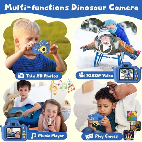 Dinosaur Kids Camera, HD Selfie Toddler Camera, Christmas Birthday Toys for Boys Girls Age 3-12 Years, Kid Digital Camera with 32GB Card, Dinosaur Toys Gifts for Kids 3 4 5 6 7 8 Years Old (Blue) in Kuwait