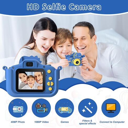 Dinosaur Kids Camera, HD Selfie Toddler Camera, Christmas Birthday Toys for Boys Girls Age 3-12 Years, Kid Digital Camera with 32GB Card, Dinosaur Toys Gifts for Kids 3 4 5 6 7 8 Years Old (Blue) in Kuwait