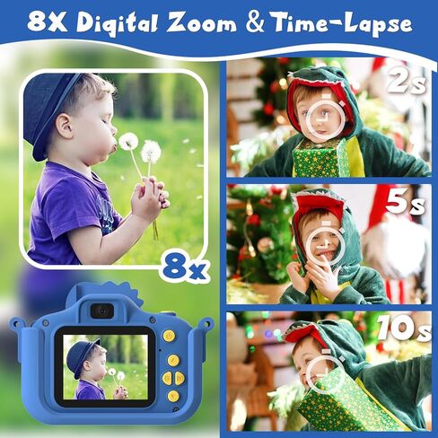Dinosaur Kids Camera, HD Selfie Toddler Camera, Christmas Birthday Toys for Boys Girls Age 3-12 Years, Kid Digital Camera with 32GB Card, Dinosaur Toys Gifts for Kids 3 4 5 6 7 8 Years Old (Blue) in Kuwait