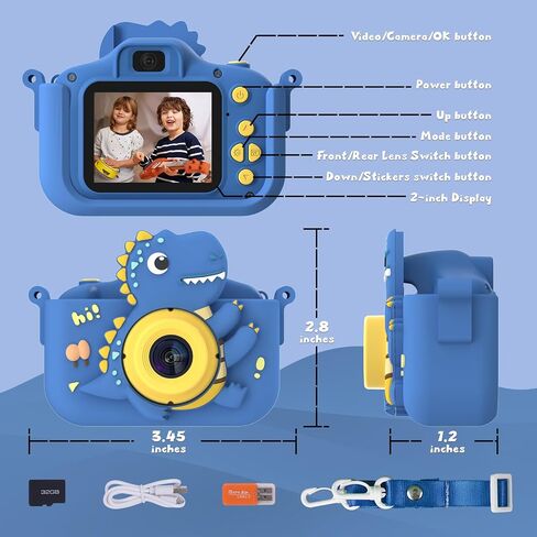 Dinosaur Kids Camera, HD Selfie Toddler Camera, Christmas Birthday Toys for Boys Girls Age 3-12 Years, Kid Digital Camera with 32GB Card, Dinosaur Toys Gifts for Kids 3 4 5 6 7 8 Years Old (Blue) in Kuwait
