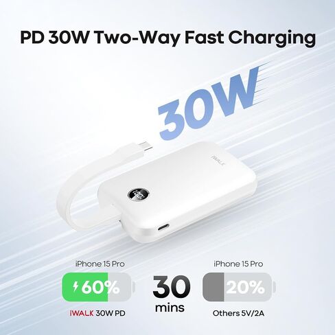 iWALK Magnetic Portable Charger 10000mAh: Qi2 Certified 15W Wireless Power Bank 30W Fast Charging with USB-C Cable, Battery Pack with LED Display for iPhone 16/15/14/13/12 Series, Samsung Galaxy S24 in Kuwait