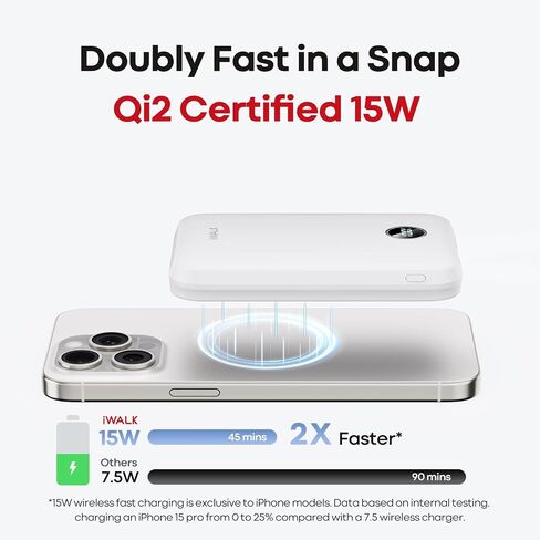 iWALK Magnetic Portable Charger 10000mAh: Qi2 Certified 15W Wireless Power Bank 30W Fast Charging with USB-C Cable, Battery Pack with LED Display for iPhone 16/15/14/13/12 Series, Samsung Galaxy S24 in Kuwait