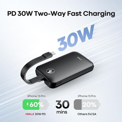 iWALK Magnetic Portable Charger 10000mAh: Qi2 Certified 15W Wireless Power Bank 30W Fast Charging with USB-C Cable, Battery Pack with LED Display for iPhone 16/15/14/13/12 Series, Samsung Galaxy S24 in Kuwait