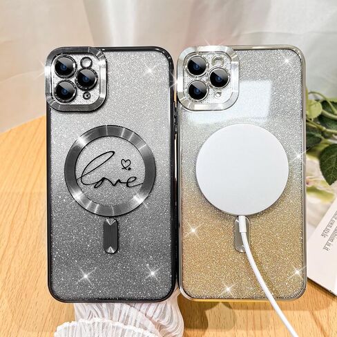 Fiyart Compatible with iPhone 14 Pro Max Case,Compatible with MagSafe Love Heart Plating Camera Protection Clear Phone Case, Magnetic Glitter for Women Girls Shockproof Back Bumper 6.7"-Gold in Saudi Arabia
