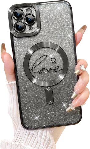 Fiyart Compatible with iPhone 14 Pro Max Case,Compatible with MagSafe Love Heart Plating Camera Protection Clear Phone Case, Magnetic Glitter for Women Girls Shockproof Back Bumper 6.7"-Gold in Saudi Arabia