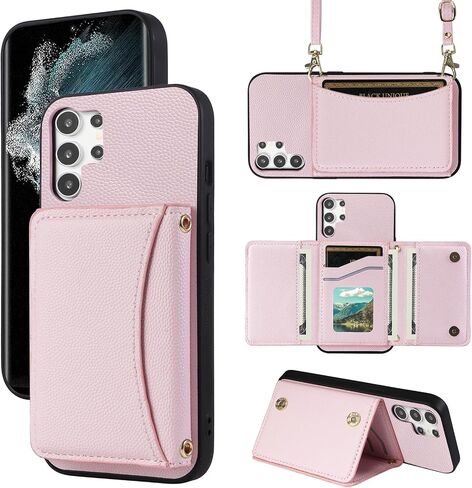 Phone Case for Samsung Galaxy S22 Ultra 5G Wallet Cover with Crossbody Shoulder Strap and Leather Credit Card Holder Pocket Slim Cell Accessories S22ultra 22S S 22 S22ultra5g 6.8 Girls Pink in Saudi Arabia