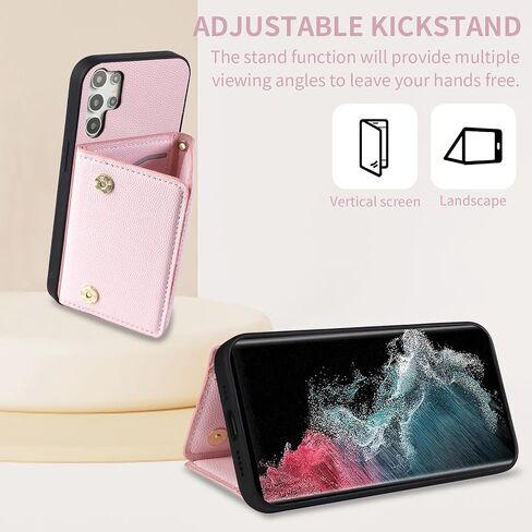 Phone Case for Samsung Galaxy S22 Ultra 5G Wallet Cover with Crossbody Shoulder Strap and Leather Credit Card Holder Pocket Slim Cell Accessories S22ultra 22S S 22 S22ultra5g 6.8 Girls Pink in Saudi Arabia