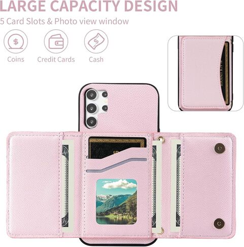 Phone Case for Samsung Galaxy S22 Ultra 5G Wallet Cover with Crossbody Shoulder Strap and Leather Credit Card Holder Pocket Slim Cell Accessories S22ultra 22S S 22 S22ultra5g 6.8 Girls Pink in Saudi Arabia