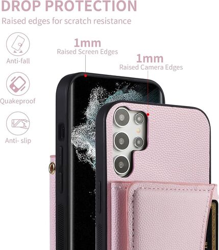 Phone Case for Samsung Galaxy S22 Ultra 5G Wallet Cover with Crossbody Shoulder Strap and Leather Credit Card Holder Pocket Slim Cell Accessories S22ultra 22S S 22 S22ultra5g 6.8 Girls Pink in Saudi Arabia