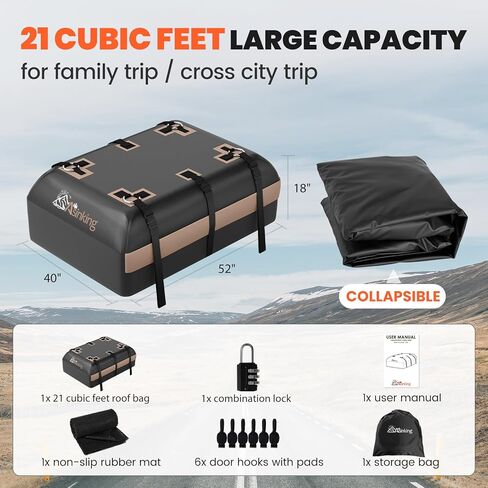 حقيبة حمل البضائع على سطح السيارة 21 قدم مكعب، حقيبة شحن على السطح مقاومة للماء بنسبة 100% مع أشرطة من الدرجة العسكرية، تناسب جميع المركبات مع/بدون حامل سقف - مجموعة كاملة من حامل السيارة العلوي in Kuwait